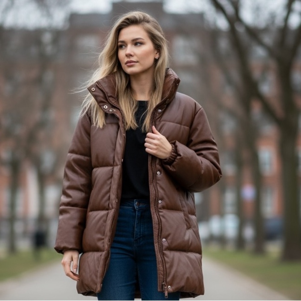 NWT LEVI'S FAUX LEATHER MID-LENGTH PUFFER COAT Jacket Chocolate Brown